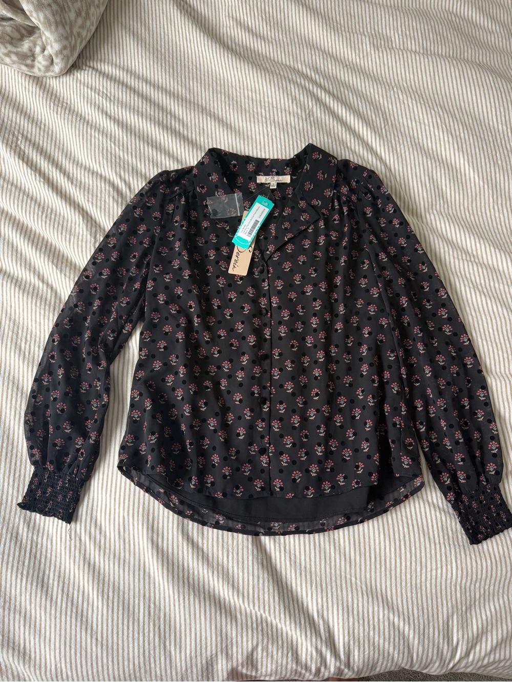 Women's Black Floral Long-Sleeve Blouse